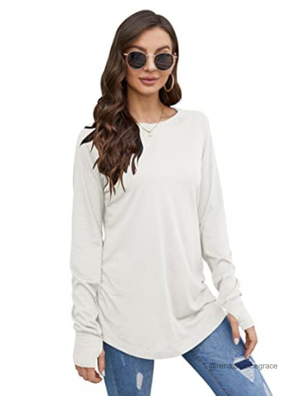 Womens Long Sleeve Tunic Top Thumb Holes Loose Fit Crew Neck Pullover - Picture 3 of 6